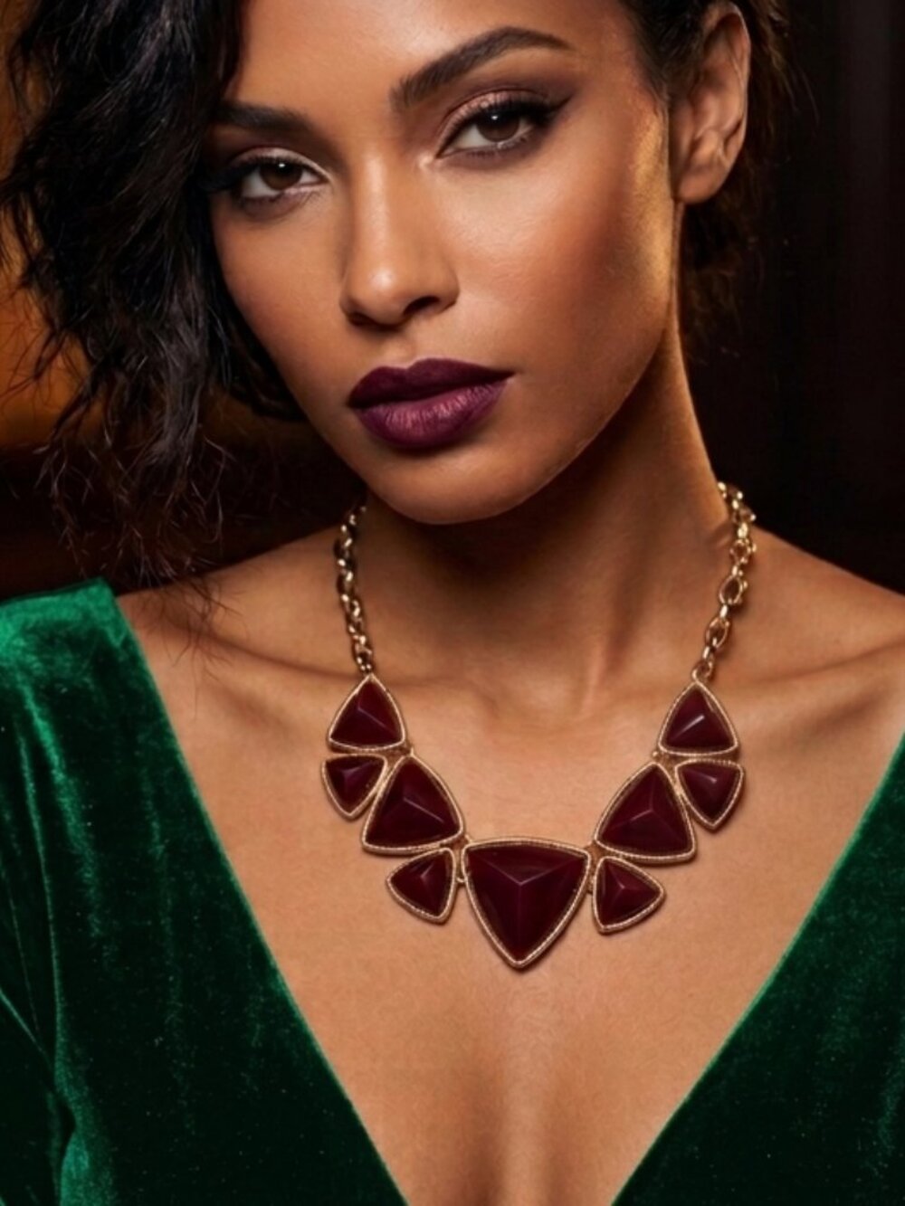 Burgundy Red & Gold Geometric Triangular Choker Necklace - Picture 5 of 5